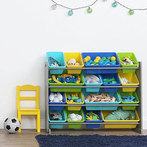 Humble Crew Extra-Large Toy Organizer, 16 Storage Bins, Grey/Blue/Green/Yellow,15.5"D x 42"W x 35"H