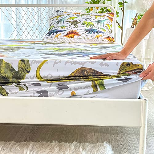 BailiPromise Dinosaur 4 Piece Kids Sheets Full Size,Jurassic Dinosaur Bedding Sheet Set,Boys Printed Flat Sheet Fitted Sheet with 16" Deep Pocket,100% Microfiber Ultra Soft and Skin Friendly