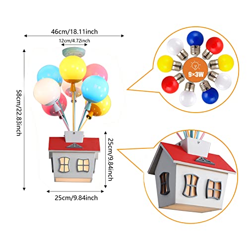 Semi Flush Mount Chandelier Kids Colorful Balloon Glass Pendant Lighting Fixture E27 Wood Ceiling Lamp Segmented Dimmable 9 Lights Deco for Children's Room, Nursery, Kindergarten, Bedroom, Living Room