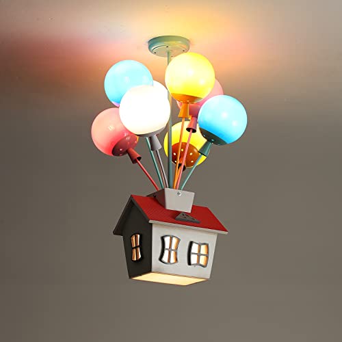 Semi Flush Mount Chandelier Kids Colorful Balloon Glass Pendant Lighting Fixture E27 Wood Ceiling Lamp Segmented Dimmable 9 Lights Deco for Children's Room, Nursery, Kindergarten, Bedroom, Living Room