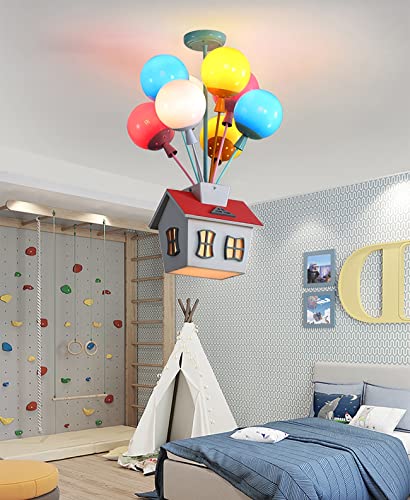 Semi Flush Mount Chandelier Kids Colorful Balloon Glass Pendant Lighting Fixture E27 Wood Ceiling Lamp Segmented Dimmable 9 Lights Deco for Children's Room, Nursery, Kindergarten, Bedroom, Living Room