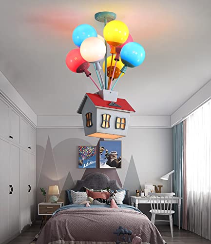 Semi Flush Mount Chandelier Kids Colorful Balloon Glass Pendant Lighting Fixture E27 Wood Ceiling Lamp Segmented Dimmable 9 Lights Deco for Children's Room, Nursery, Kindergarten, Bedroom, Living Room
