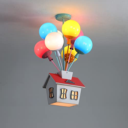 Semi Flush Mount Chandelier Kids Colorful Balloon Glass Pendant Lighting Fixture E27 Wood Ceiling Lamp Segmented Dimmable 9 Lights Deco for Children's Room, Nursery, Kindergarten, Bedroom, Living Room