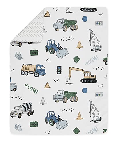 Sweet Jojo Designs Construction Truck Boy Toddler Kid Bedding Set - Childrens 5 Pieces Comforter, Sham and Sheets - Grey Yellow Black Blue and Green Transportation Chevron Arrow