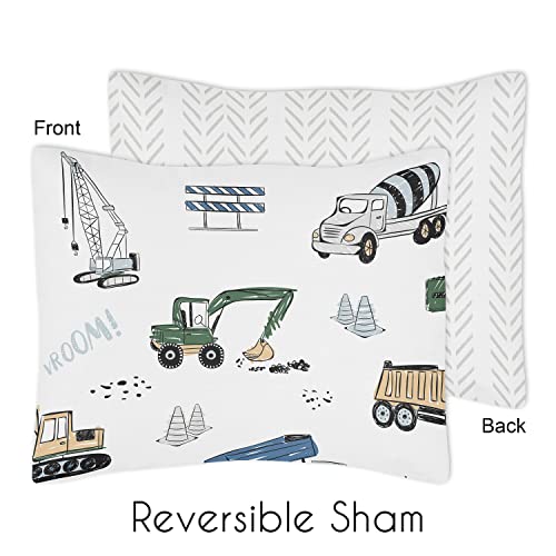 Sweet Jojo Designs Construction Truck Boy Toddler Kid Bedding Set - Childrens 5 Pieces Comforter, Sham and Sheets - Grey Yellow Black Blue and Green Transportation Chevron Arrow
