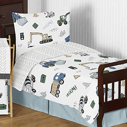 Sweet Jojo Designs Construction Truck Boy Toddler Kid Bedding Set - Childrens 5 Pieces Comforter, Sham and Sheets - Grey Yellow Black Blue and Green Transportation Chevron Arrow