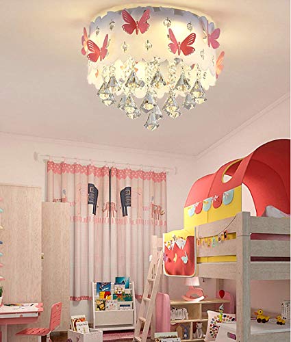 LAKIQ Modern Girl’s Bedroom Flush Mount Ceiling Lighting Fixture Lovely Pink Butterfly LED Crystal Chandelier Drum Shade Close to Ceiling Light for Girls Kids Room Foyer Living Room