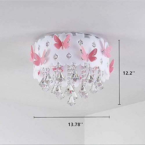 LAKIQ Modern Girl’s Bedroom Flush Mount Ceiling Lighting Fixture Lovely Pink Butterfly LED Crystal Chandelier Drum Shade Close to Ceiling Light for Girls Kids Room Foyer Living Room