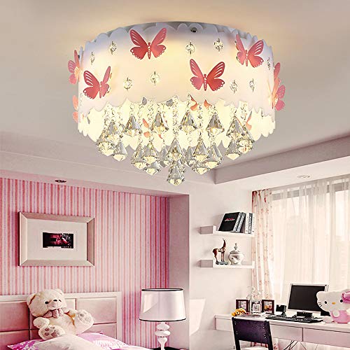 LAKIQ Modern Girl’s Bedroom Flush Mount Ceiling Lighting Fixture Lovely Pink Butterfly LED Crystal Chandelier Drum Shade Close to Ceiling Light for Girls Kids Room Foyer Living Room