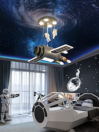 RUNNUP Space Capsule Boys Bedroom Chandelier Resin Astronauts Creative LED Hanging Pendant Light 3 Color in Dark Grey for Children Bedroom Kids Living Room Game Room Kindergarten