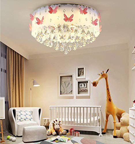 LAKIQ Modern Girl’s Bedroom Flush Mount Ceiling Lighting Fixture Lovely Pink Butterfly LED Crystal Chandelier Drum Shade Close to Ceiling Light for Girls Kids Room Foyer Living Room
