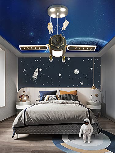 RUNNUP Space Capsule Boys Bedroom Chandelier Resin Astronauts Creative LED Hanging Pendant Light 3 Color in Dark Grey for Children Bedroom Kids Living Room Game Room Kindergarten