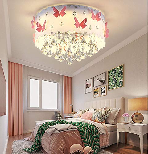LAKIQ Modern Girl’s Bedroom Flush Mount Ceiling Lighting Fixture Lovely Pink Butterfly LED Crystal Chandelier Drum Shade Close to Ceiling Light for Girls Kids Room Foyer Living Room