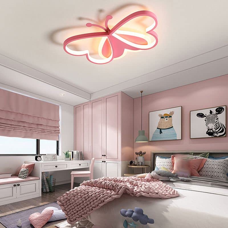 LITFAD Modern Ceiling Light Art Deco Lights Dimmable Ceiling Lamp Cartoon Lovely Kid Room 20" Lighting Fixture Butterfly Design LED Flush Mount Lighting for Boys and Girls, Third Gear Dimming-Pink