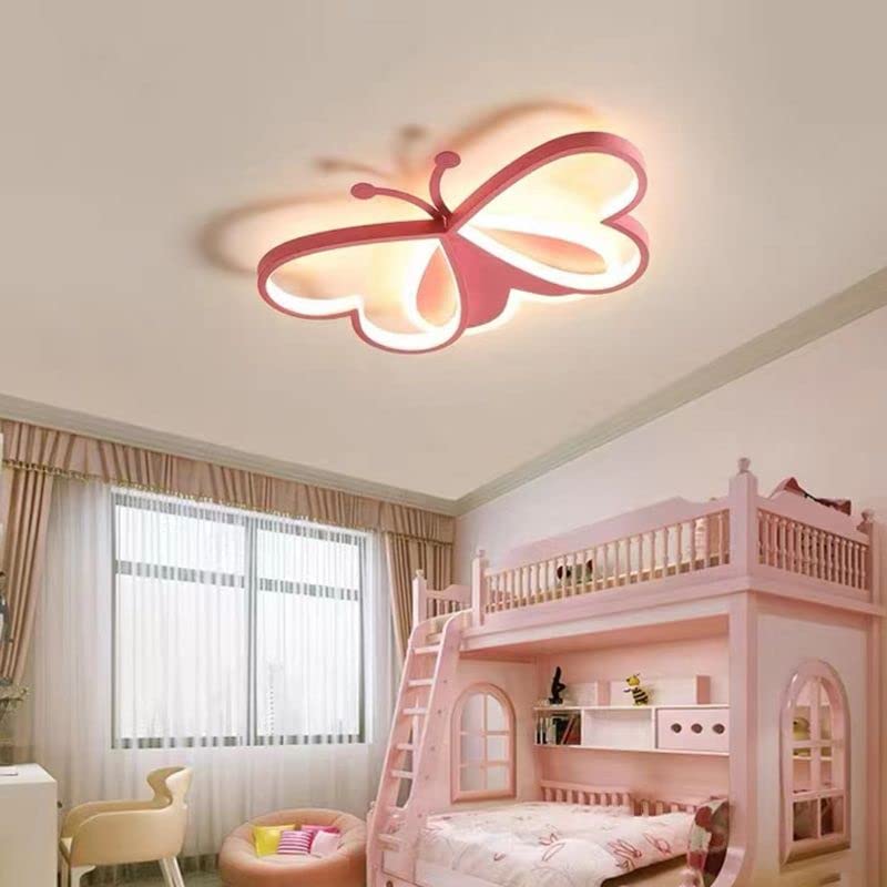 LITFAD Modern Ceiling Light Art Deco Lights Dimmable Ceiling Lamp Cartoon Lovely Kid Room 20" Lighting Fixture Butterfly Design LED Flush Mount Lighting for Boys and Girls, Third Gear Dimming-Pink