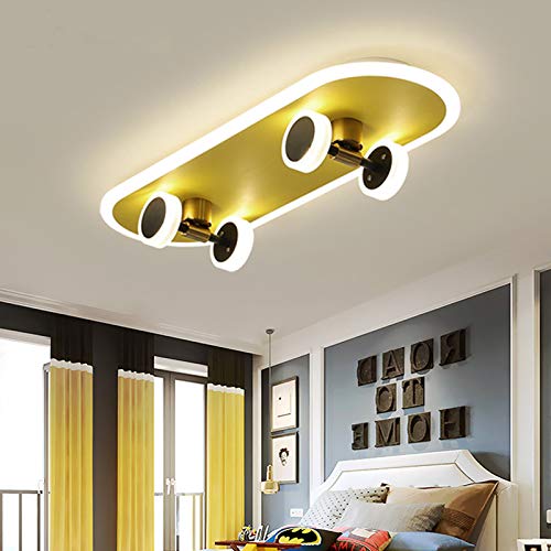 LITFAD Gold Skateboard Ceiling Light Fixture Kids Iron Integrated LED Flush Mount Light Modern Decorative Ceiling Lamp for Nursing Room Boys Bedroom Kids Room Children Bedroom, B