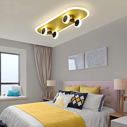 LITFAD Gold Skateboard Ceiling Light Fixture Kids Iron Integrated LED Flush Mount Light Modern Decorative Ceiling Lamp for Nursing Room Boys Bedroom Kids Room Children Bedroom, B