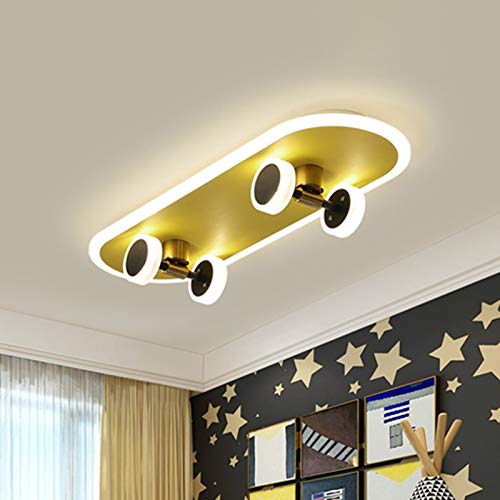 LITFAD Gold Skateboard Ceiling Light Fixture Kids Iron Integrated LED Flush Mount Light Modern Decorative Ceiling Lamp for Nursing Room Boys Bedroom Kids Room Children Bedroom, B