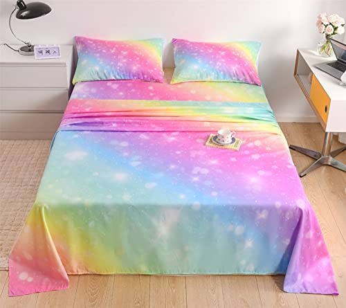 URLINENS Rainbow Sheets Full Size 4 Piece, Tie Dye Pastel Girls Sheet Set for Kids Teens, Glitter Fun Girly Bed Sheets Soft Microfiber Rainbow Bedding Set 1 Fitted Sheet 1 Flat Sheet 2 Pillowcases
