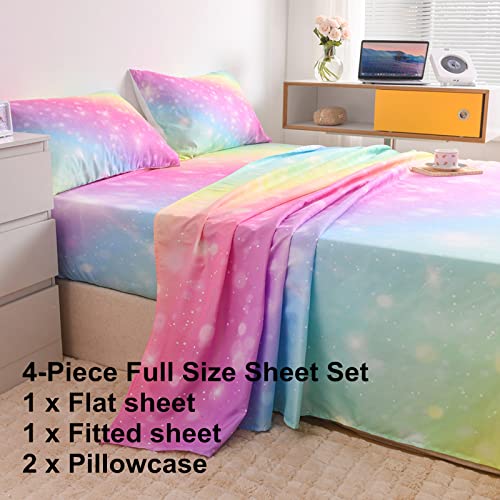 URLINENS Rainbow Sheets Full Size 4 Piece, Tie Dye Pastel Girls Sheet Set for Kids Teens, Glitter Fun Girly Bed Sheets Soft Microfiber Rainbow Bedding Set 1 Fitted Sheet 1 Flat Sheet 2 Pillowcases