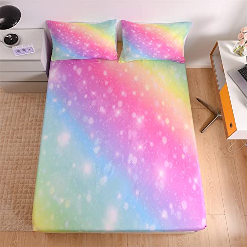 URLINENS Rainbow Sheets Full Size 4 Piece, Tie Dye Pastel Girls Sheet Set for Kids Teens, Glitter Fun Girly Bed Sheets Soft Microfiber Rainbow Bedding Set 1 Fitted Sheet 1 Flat Sheet 2 Pillowcases