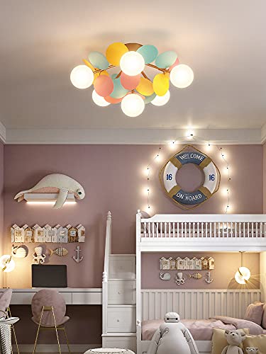 SUSUO Milk White Globe Semi Flush Mount with Colorful Macaron Art Decor, 6 Lights Children Chandelier for Girls Boys Kid's Bedroom Game Room Kindergarten