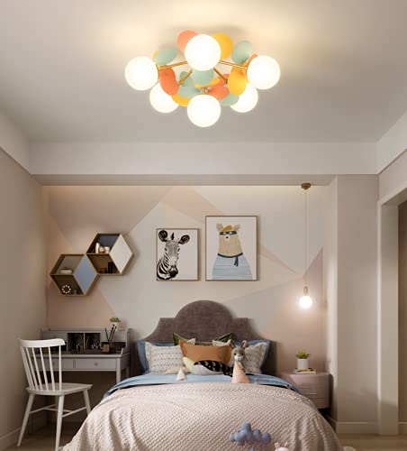 SUSUO Milk White Globe Semi Flush Mount with Colorful Macaron Art Decor, 6 Lights Children Chandelier for Girls Boys Kid's Bedroom Game Room Kindergarten