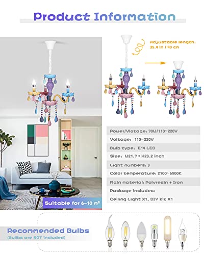 ExtraCozy Kids Crystal Pendant Ceiling Light Chandelier with Umbrella-Shape and Diamond-Raindrops Lampshade Height Adjustable & Three-Color Dimmable Lighting Perfect for Decor Room(Macaron,3 Lights)
