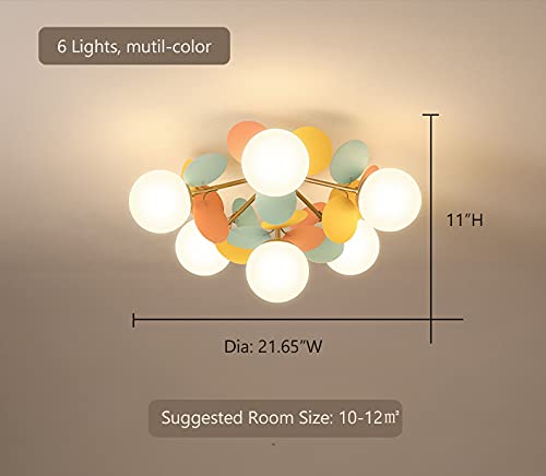 SUSUO Milk White Globe Semi Flush Mount with Colorful Macaron Art Decor, 6 Lights Children Chandelier for Girls Boys Kid's Bedroom Game Room Kindergarten