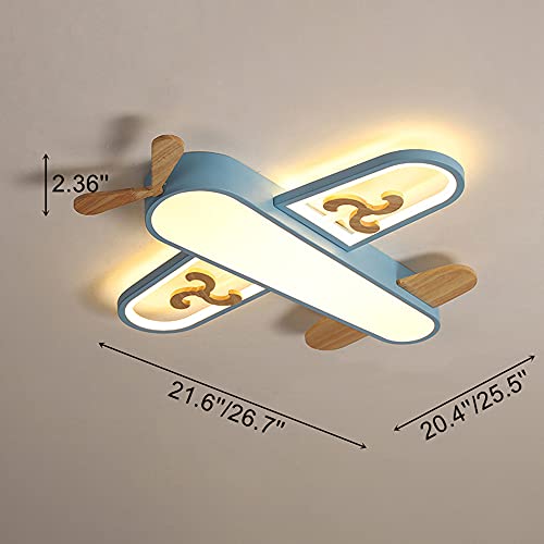 BAYCHEER Aircraft Shaped Led Ceiling Mount Light Acrylic Wooden Kids Stepless Dimming Ceiling Fixture Hanging Lighting Lamp for Kindergarten Children Room Playroom Nursery, 21.6'' Blue