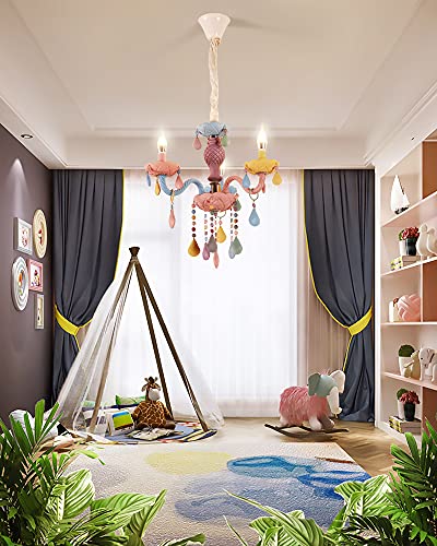 ExtraCozy Kids Crystal Pendant Ceiling Light Chandelier with Umbrella-Shape and Diamond-Raindrops Lampshade Height Adjustable & Three-Color Dimmable Lighting Perfect for Decor Room(Macaron,3 Lights)