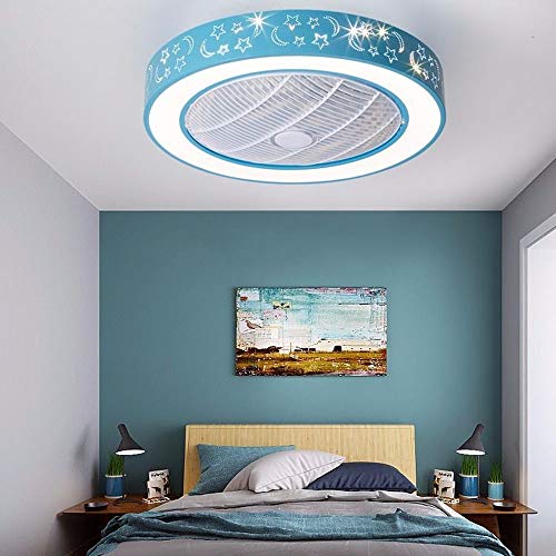 LAKIQ Kids Room LED Ceiling Fan with Light 7 Blades Modern Acrylic Flush Mount Ceiling Lights 20.5’’ Drum Close to Ceiling Lighting 3-Color Dimmable for Bedroom(Blue)