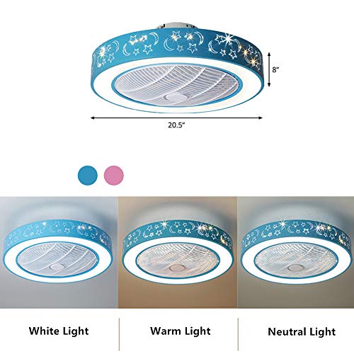 LAKIQ Kids Room LED Ceiling Fan with Light 7 Blades Modern Acrylic Flush Mount Ceiling Lights 20.5’’ Drum Close to Ceiling Lighting 3-Color Dimmable for Bedroom(Blue)