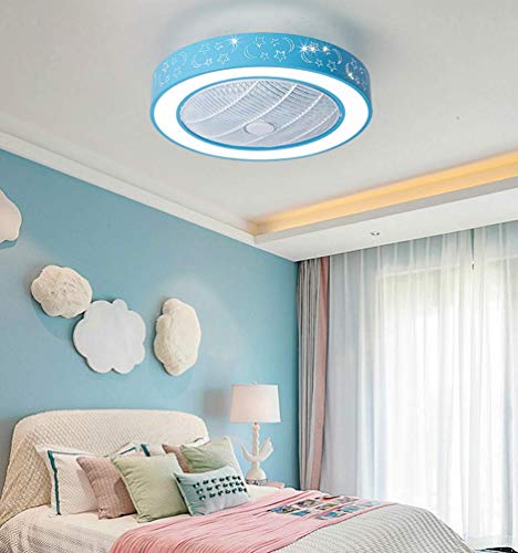 LAKIQ Kids Room LED Ceiling Fan with Light 7 Blades Modern Acrylic Flush Mount Ceiling Lights 20.5’’ Drum Close to Ceiling Lighting 3-Color Dimmable for Bedroom(Blue)