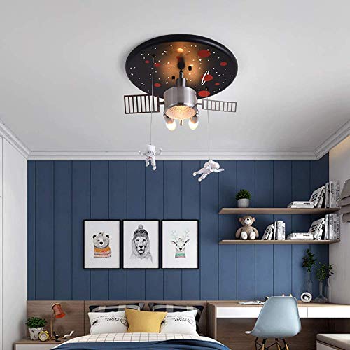 LITFAD Space Ship Kids Bedroom Ceiling Light with Astronaut Metal Creative Modern Semi Flush Ceiling Light 3 Lights LED Ceiling Lamp Pendant Lighting in Black for Children's Room Boys Room
