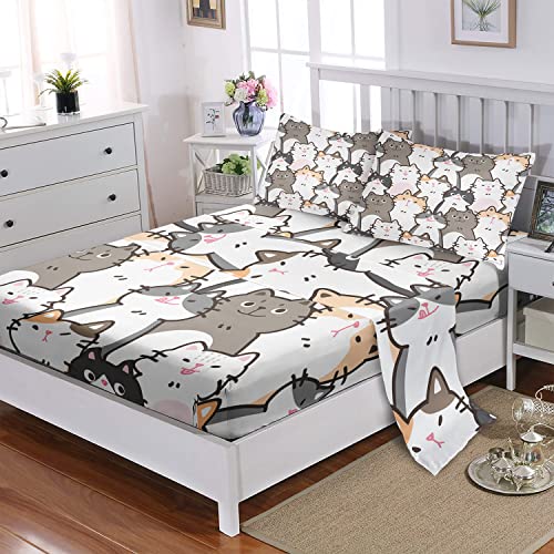 CVHOUSE Cat Fitted Sheet Queen Size,Cartoon Cat Bed Sheet Set for Kids Teens,Kawaii Bedding Set,1 Flat Sheet & 1 Fitted Sheet with 2 Pillow Cases - 4 Piece