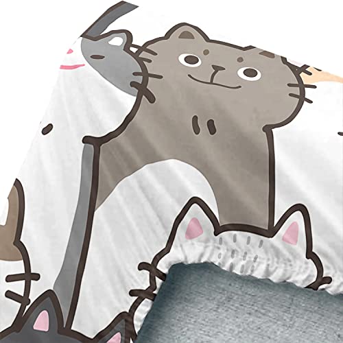 CVHOUSE Cat Fitted Sheet Queen Size,Cartoon Cat Bed Sheet Set for Kids Teens,Kawaii Bedding Set,1 Flat Sheet & 1 Fitted Sheet with 2 Pillow Cases - 4 Piece