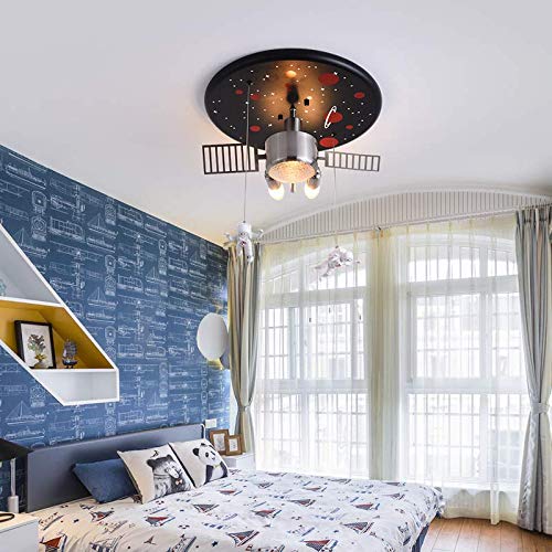 LITFAD Space Ship Kids Bedroom Ceiling Light with Astronaut Metal Creative Modern Semi Flush Ceiling Light 3 Lights LED Ceiling Lamp Pendant Lighting in Black for Children's Room Boys Room