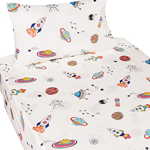 J-pinno Outer Space Planet Rocket Travel Adorable Twin 100% Cotton 3 Pieces Sheet Set for Kids Girls Children Flat Sheet + Fitted Sheet + Pillowcase Bedding Decoration Gift Set