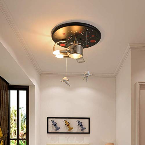 LITFAD Space Ship Kids Bedroom Ceiling Light with Astronaut Metal Creative Modern Semi Flush Ceiling Light 3 Lights LED Ceiling Lamp Pendant Lighting in Black for Children's Room Boys Room