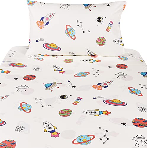 J-pinno Outer Space Planet Rocket Travel Adorable Twin 100% Cotton 3 Pieces Sheet Set for Kids Girls Children Flat Sheet + Fitted Sheet + Pillowcase Bedding Decoration Gift Set
