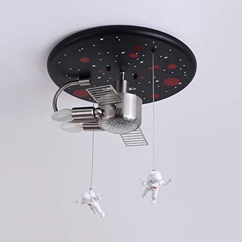 LITFAD Space Ship Kids Bedroom Ceiling Light with Astronaut Metal Creative Modern Semi Flush Ceiling Light 3 Lights LED Ceiling Lamp Pendant Lighting in Black for Children's Room Boys Room