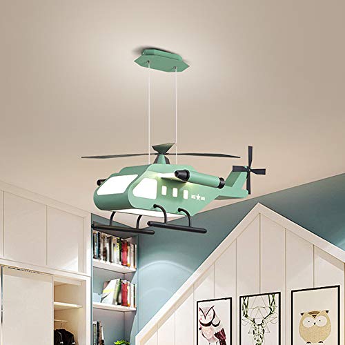 LITFAD Helicopter Ceiling Hanging Light Cartoon Metallic LED Chandelier Children Room Pendulum Light Modern Airplane Art Deco LED Pendant Lighting in Green for Amusement Park Boys Bedroom Kids Room