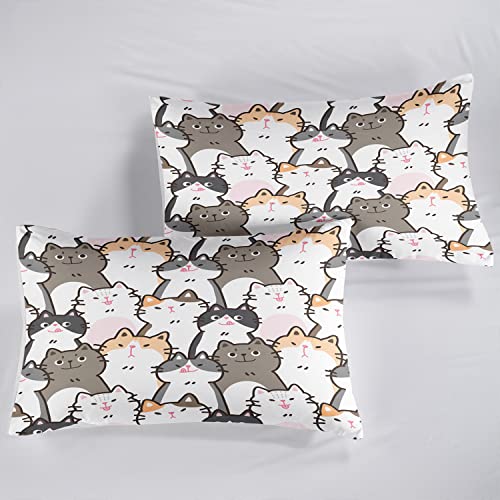 CVHOUSE Cat Fitted Sheet Queen Size,Cartoon Cat Bed Sheet Set for Kids Teens,Kawaii Bedding Set,1 Flat Sheet & 1 Fitted Sheet with 2 Pillow Cases - 4 Piece