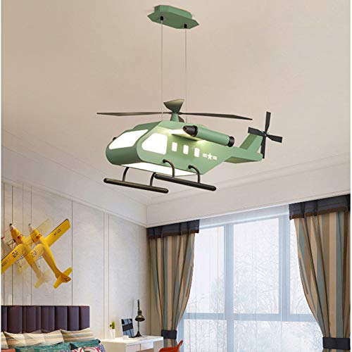 LITFAD Helicopter Ceiling Hanging Light Cartoon Metallic LED Chandelier Children Room Pendulum Light Modern Airplane Art Deco LED Pendant Lighting in Green for Amusement Park Boys Bedroom Kids Room