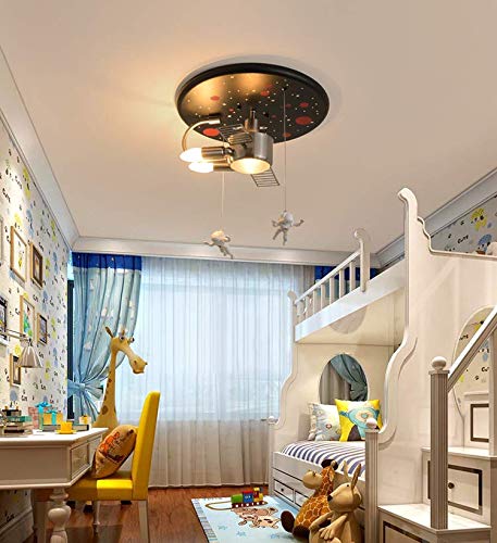 LITFAD Space Ship Kids Bedroom Ceiling Light with Astronaut Metal Creative Modern Semi Flush Ceiling Light 3 Lights LED Ceiling Lamp Pendant Lighting in Black for Children's Room Boys Room