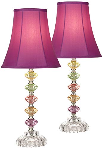 360 Lighting Bohemian Traditional Chic Style Accent Table Lamps 21" High Set of 2 Multi Colored Stacked Glass Deep Pink Bell Shade Decor for Kids Girls Room Bedroom Bedside House Nightstand