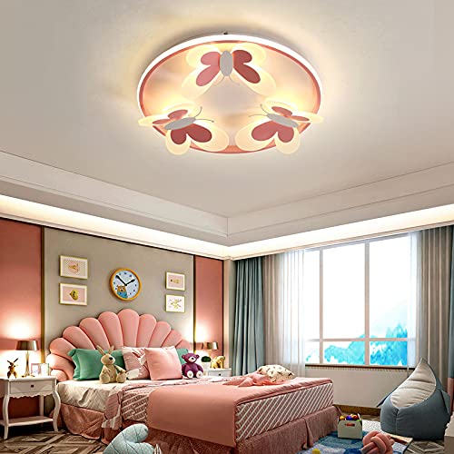 SUSUO Butterflies LED Chandelier, Girl's Bedroom Ceiling Lighting in Pink & White, Funny Cartoon Flush Mounted Light for Kid's Room Kindergarten Living Room Bedroom