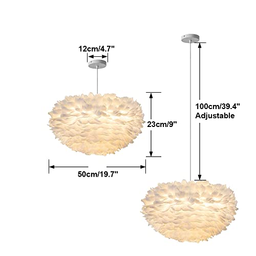 KCO Lighting Nordic Feather Hanging Light Fixture Contemporary 19.7" Feather Chandelier with Adjustable Cord Feather Ceiling Pendant Light for Girls Room Kid Room Bedroom (50cm/19.7'')