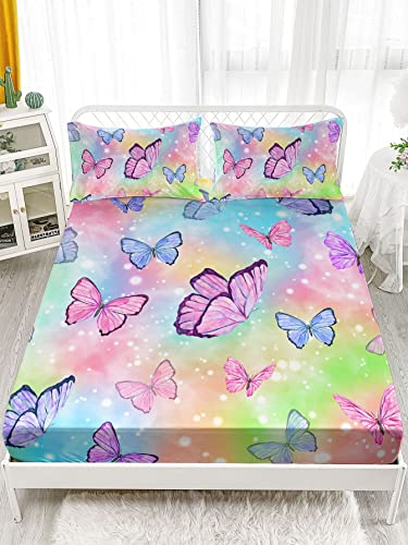 Datura home Bedding Fitted Sheet and Flat Sheet Set 4Pcs Colorful Rainbow Butterfly Printed Bedding Set with 1 Flat Sheet and 1 Fitted Sheet + 2 Pillowcases for Girls (Rainbow Butterfly Full)